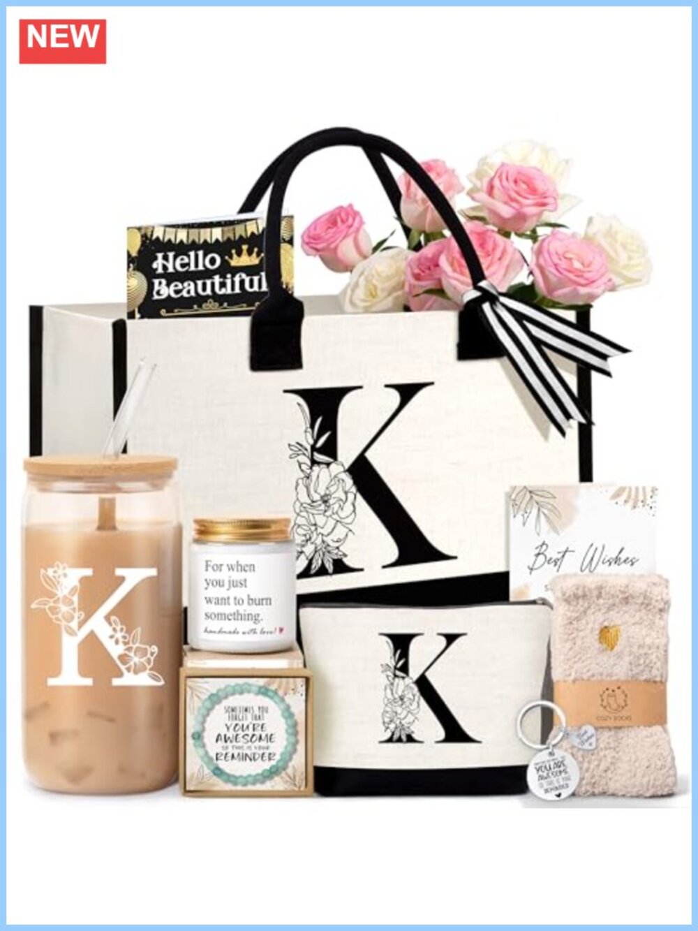 Monogrammed Canvas Tote Bag Set with Cosmetic Bag Glass Cup Keychain